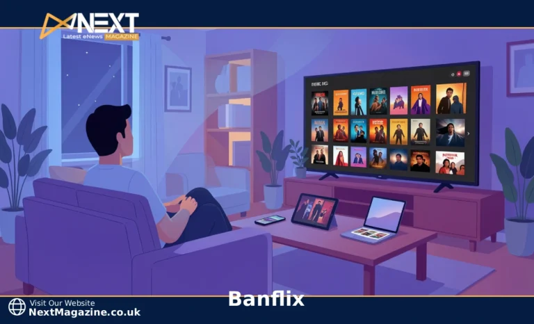 Person watching Banflix streaming service on a smart TV with multiple devices nearby