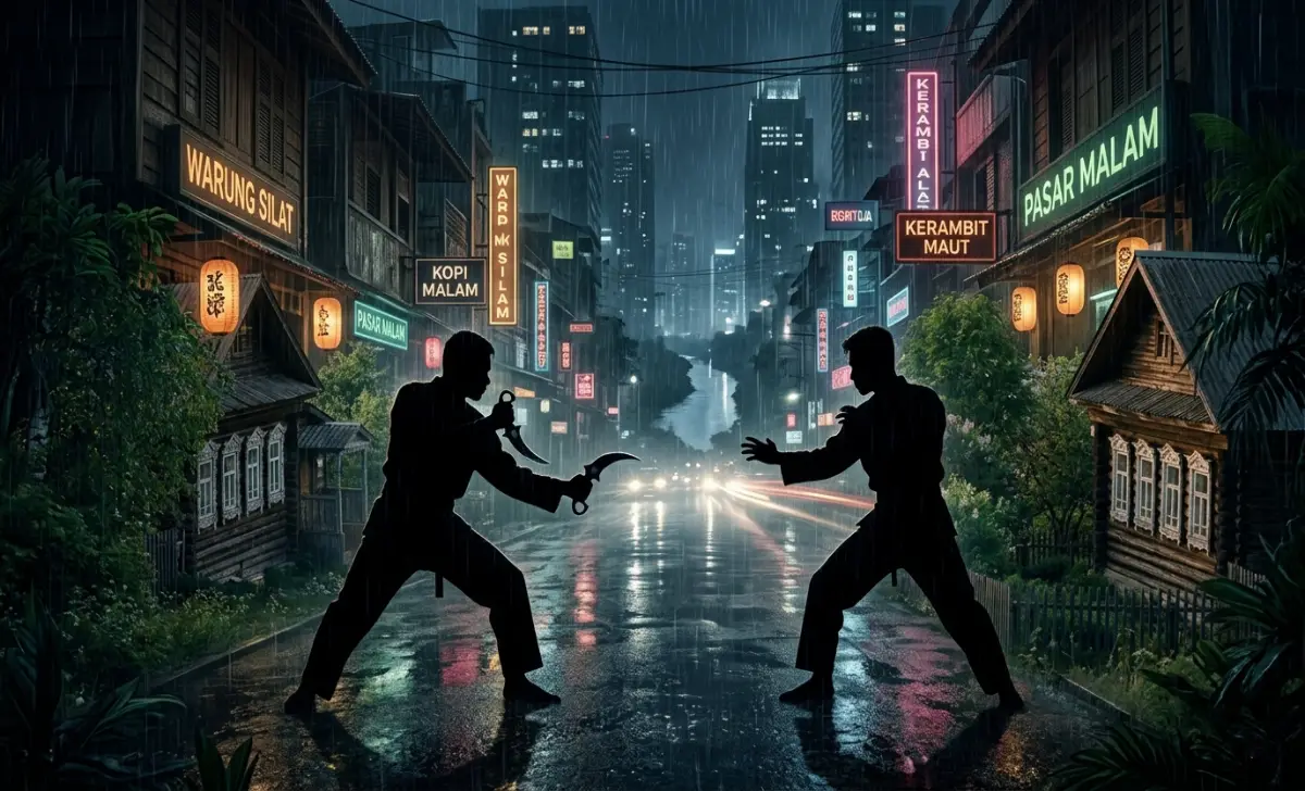 Home - - Next Magazine A scene from The Raid 2 Berandal film showing a police officer in a pencak silat fighting stance in a dark Jakarta alley
