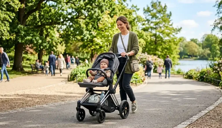 Parent pushing a baby pram in a park on a sunny day