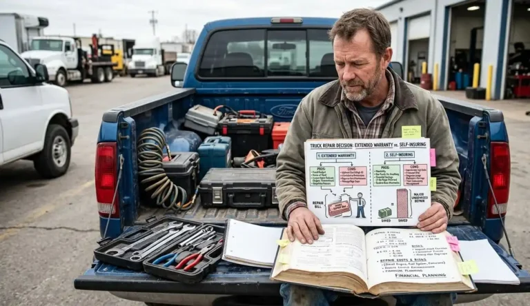 Truck parked with tools and repair manual showing extended warranty vs self-insuring decision