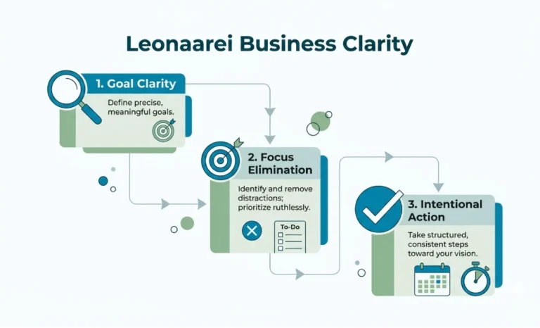Leonaarei framework diagram showing how entrepreneurs build business clarity and focus by removing distractions and defining goals