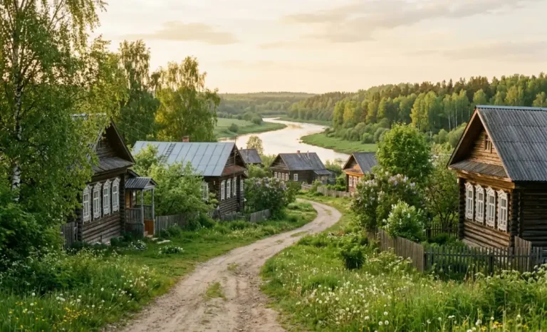 Mebalovo Russia: My Honest Guide to This Quiet Hidden Village Gem (2026) Wooden village houses along a quiet countryside path in Mebalovo Russia surrounded by green trees