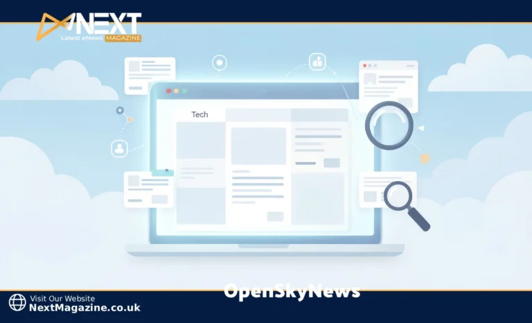 OpenSkyNews digital news platform showing categories on a laptop screen