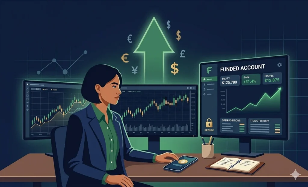 Prop trading infographic showing evaluation challenge, funded account, profit split, and risk management rules for retail traders