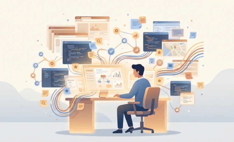 Person navigating a messy digital workspace, representing wollwirrware and human-friendly software design