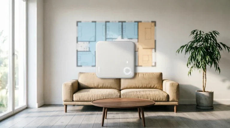 Smart thermostat in a modern home with subtle thermal zone mapping, illustrating efficient HVAC zoning for balanced temperature control and energy savings.