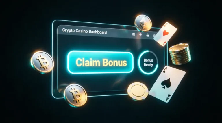 How Do You Claim a Crypto Casino Welcome Bonus Step-by-Step? Digital dashboard displaying "Claim Bonus" surrounded by Bitcoin, Ethereum, and casino chips, illustrating the crypto casino welcome bonus process.