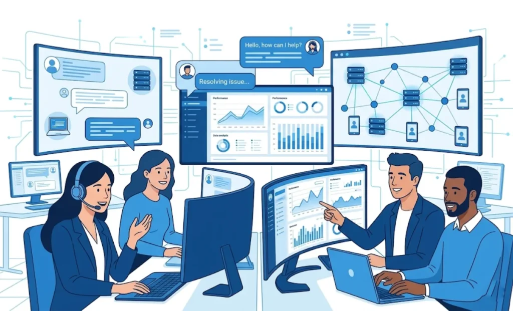 Customer service outsourcing team managing tech support across multiple screens