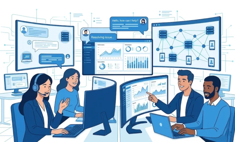 Customer service outsourcing team managing tech support across multiple screens