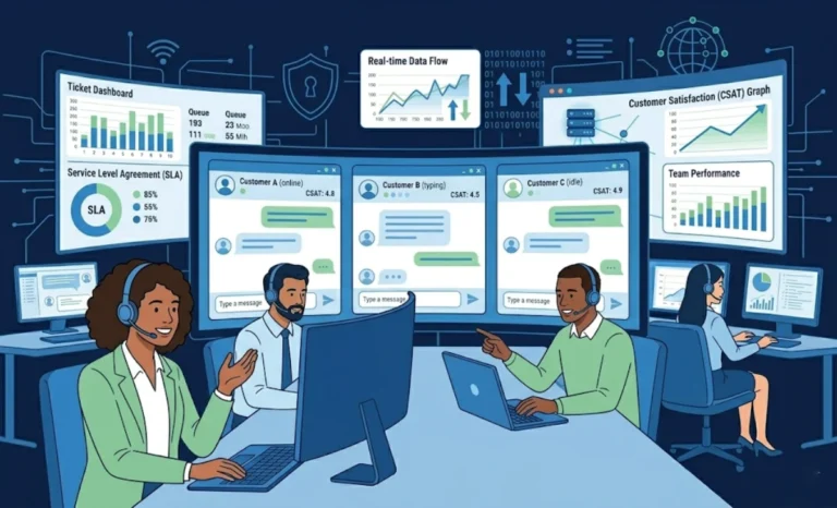Customer service outsourcing services team handling tech support through live chat and ticketing systems