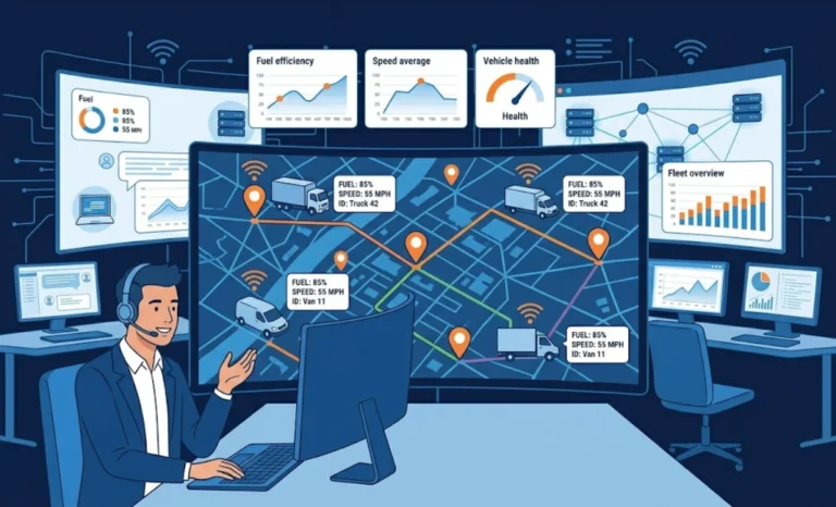Teltonika fleet tracking dashboard showing real-time GPS location of multiple vehicles