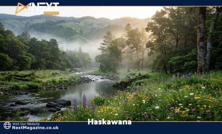 Haskawana nature trail through misty forest with a clear stream and wildflowers in morning light