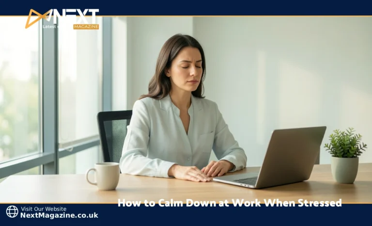 How to Calm Down at Work When Stressed: What Actually Helps (And What Doesn’t) woman learning how to calm down at work when stressed at office desk