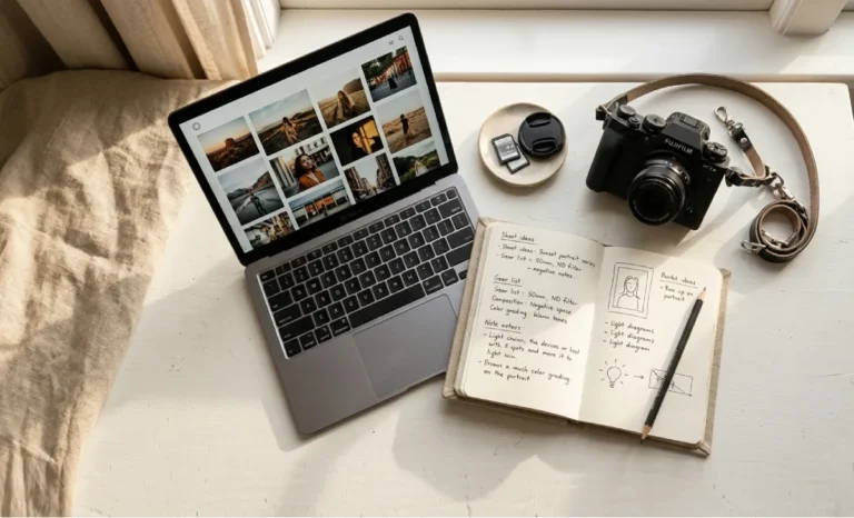 OncePik creative photography hub review — camera and notebook flat lay