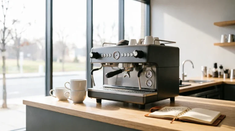 How to Open a Café in 90 Days: A Step‑by‑Step Plan That Doesn’t Cut Corners Professional espresso machine on wooden counter with coffee cups and open notebook in a bright, modern café interior
