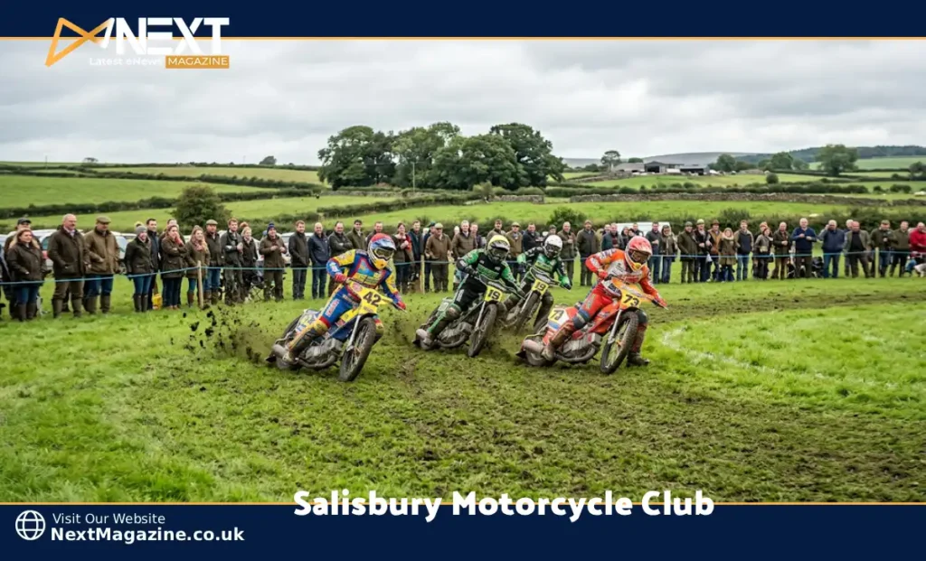 Riders competing in a grasstrack race at Salisbury Motorcycle Club on an open grass circuit