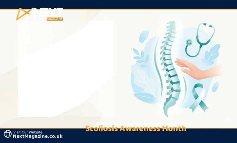 Scoliosis Awareness Month — teal ribbon with spine illustration representing spinal health and early detection