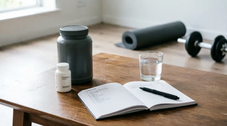 Supplement Management TheSpoonAthletic: A Guide to Get Real Results Strategic supplement management setup featuring an organized pill organizer, fitness tracker, water glass, and handwritten supplement schedule on a desk in a modern gym environment
