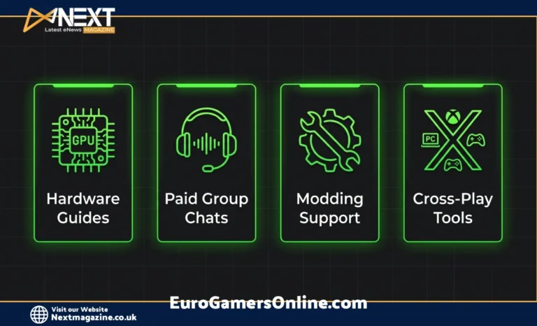 EuroGamersOnline.com: Inside the Gaming Platform That’s Changing How PC and Console Players Connect Infographic showing key features of EuroGamersOnline.com including hardware guides, paid group chats, and modding support