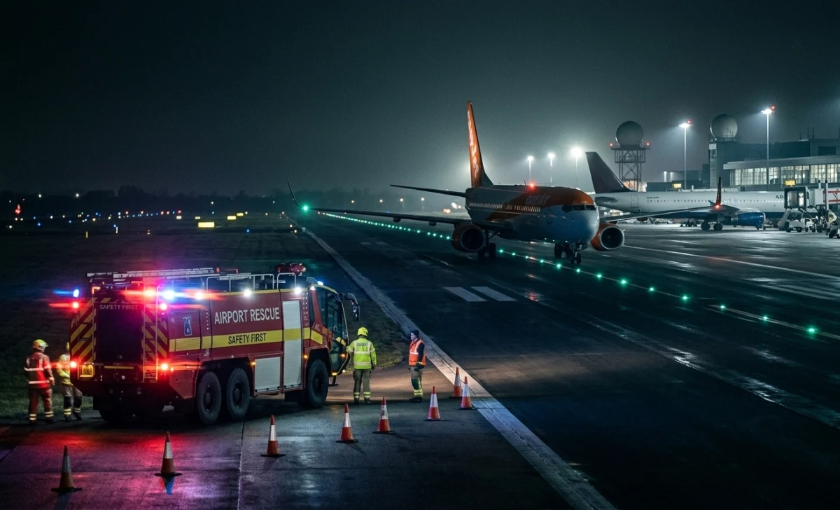 easyJet Flight U22238 Emergency Declaration: Why the Copenhagen-to-Manchester Plane Diverted to Newcastle - Travel - Next Magazine Newcastle Airport runway with emergency response vehicles on standby during flight diversion