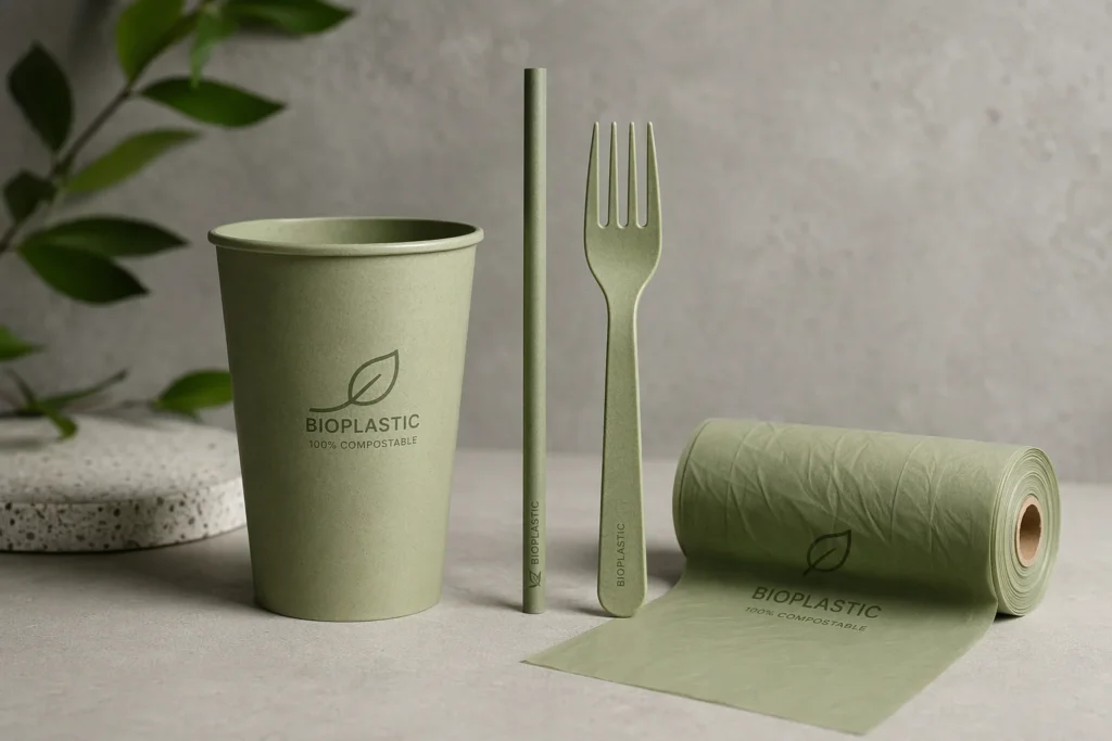 Infographic comparing compostable, biodegradable, and bio-based packaging materials with disposal and decomposition differences.