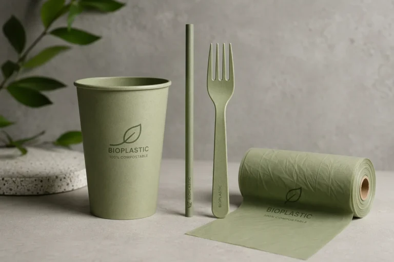 Infographic comparing compostable, biodegradable, and bio-based packaging materials with disposal and decomposition differences.