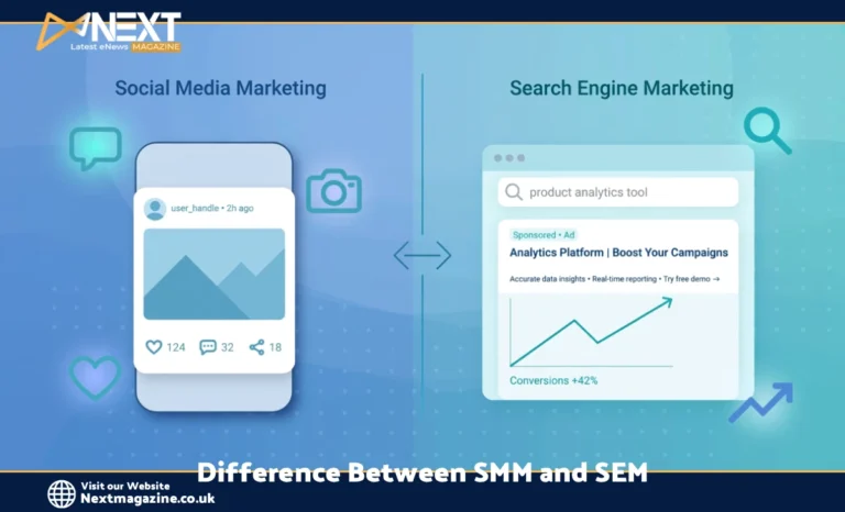 Illustration comparing SMM and SEM showing social media icons and search engine ad elements side by side