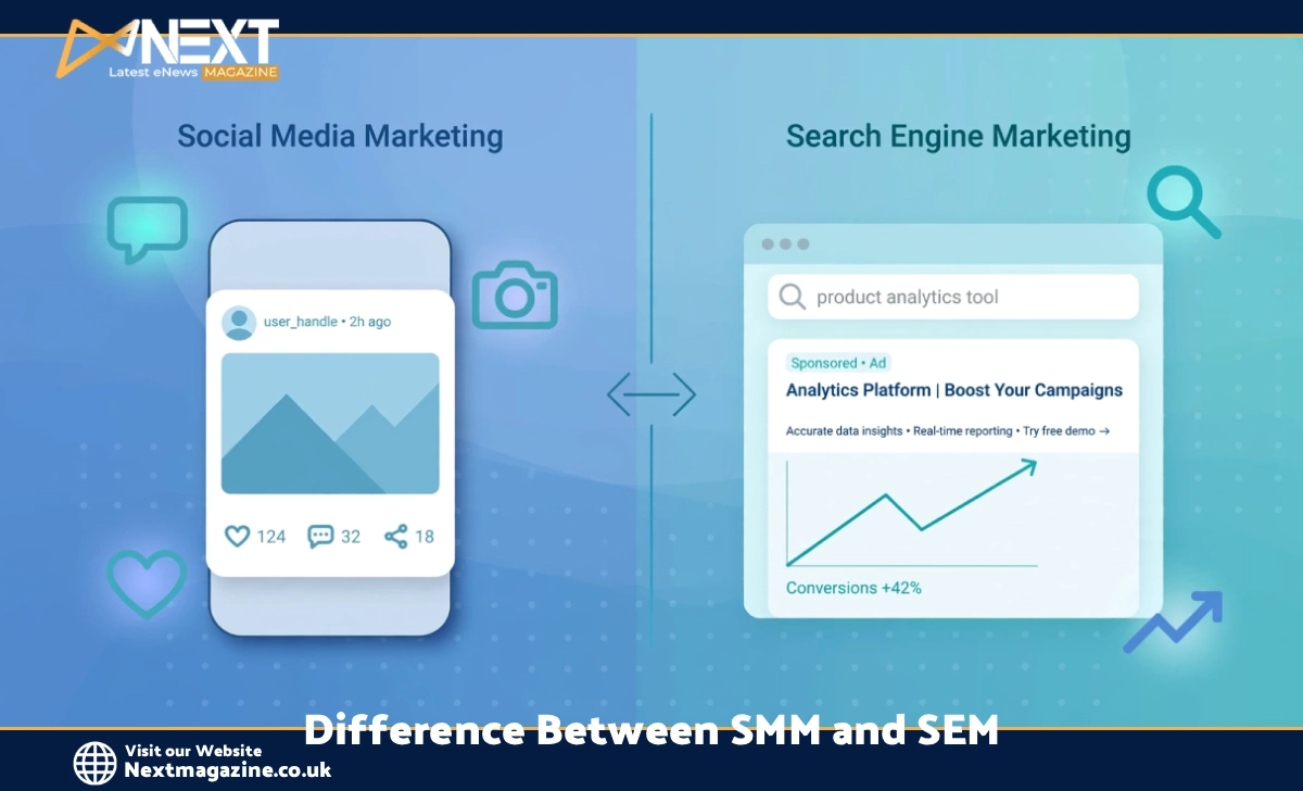 Illustration comparing SMM and SEM showing social media icons and search engine ad elements side by side