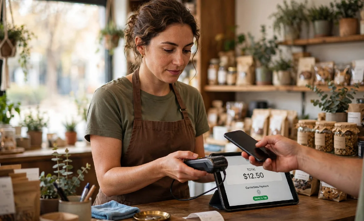 Fintech Disruption: How Financial Technology Is Transforming the Future of Finance - Business - Next Magazine Small business owner accepting a contactless digital payment showing fintech in retail