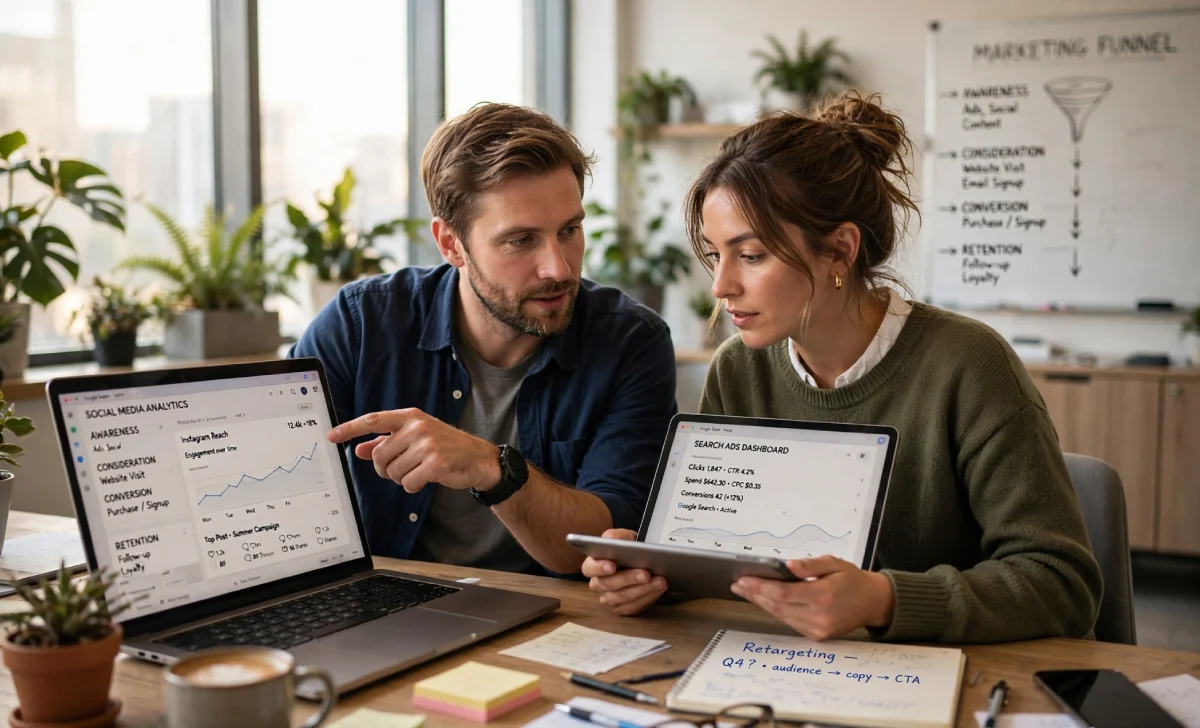 Marketing team reviewing social media and search ad dashboards for an integrated strategy