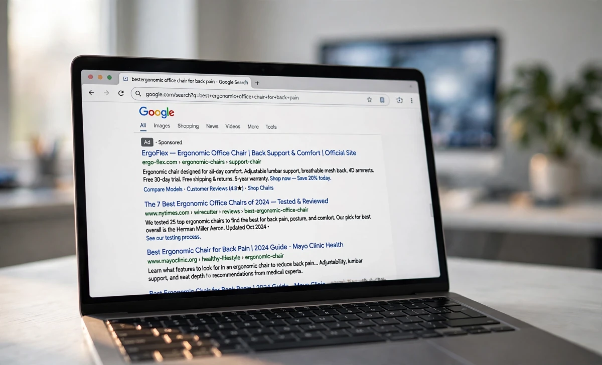 Laptop screen showing sponsored search ad results representing search engine marketing