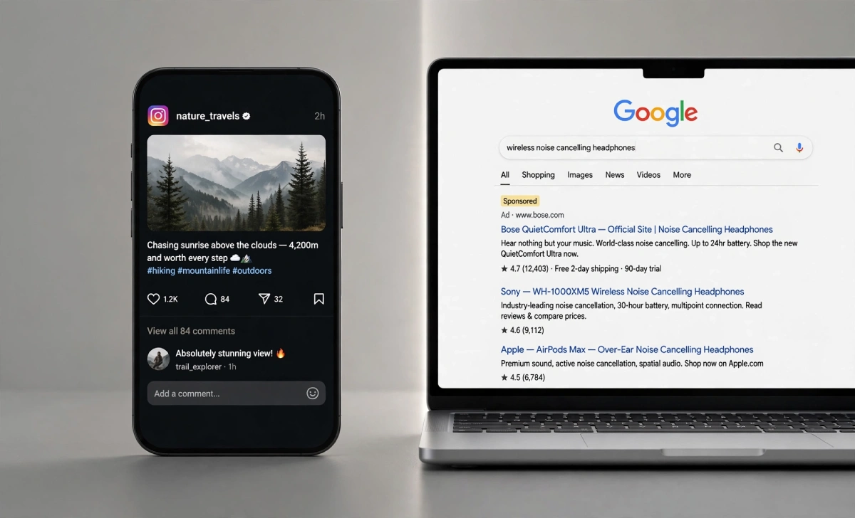 Side-by-side comparison of SMM social app and SEM search results on two devices