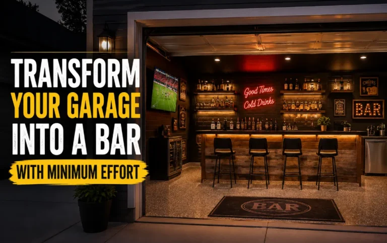 Transform Your Garage into a Bar with Minimum Effort Garage transformed into a stylish home bar with a wooden counter, bar stools, shelves, and warm lighting