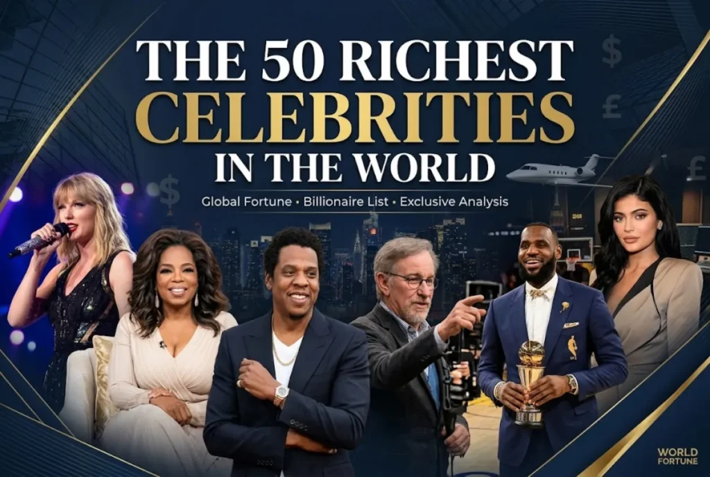 The 50 Richest Celebrities in the World article banner featuring famous Hollywood stars, musicians, athletes, and directors.