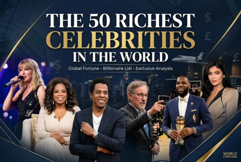 The 50 Richest Celebrities in the World The 50 Richest Celebrities in the World article banner featuring famous Hollywood stars, musicians, athletes, and directors.