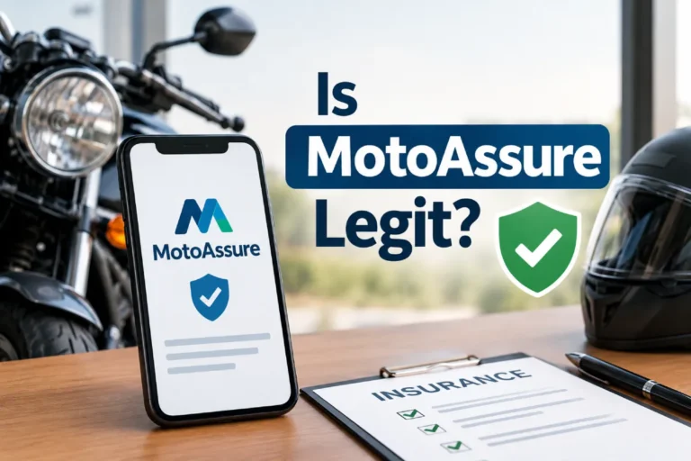 MotoAssure legitimacy review with motorcycle, insurance documents, and verification shield