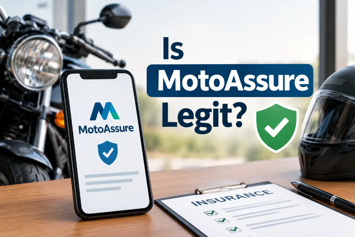 MotoAssure legitimacy review with motorcycle, insurance documents, and verification shield