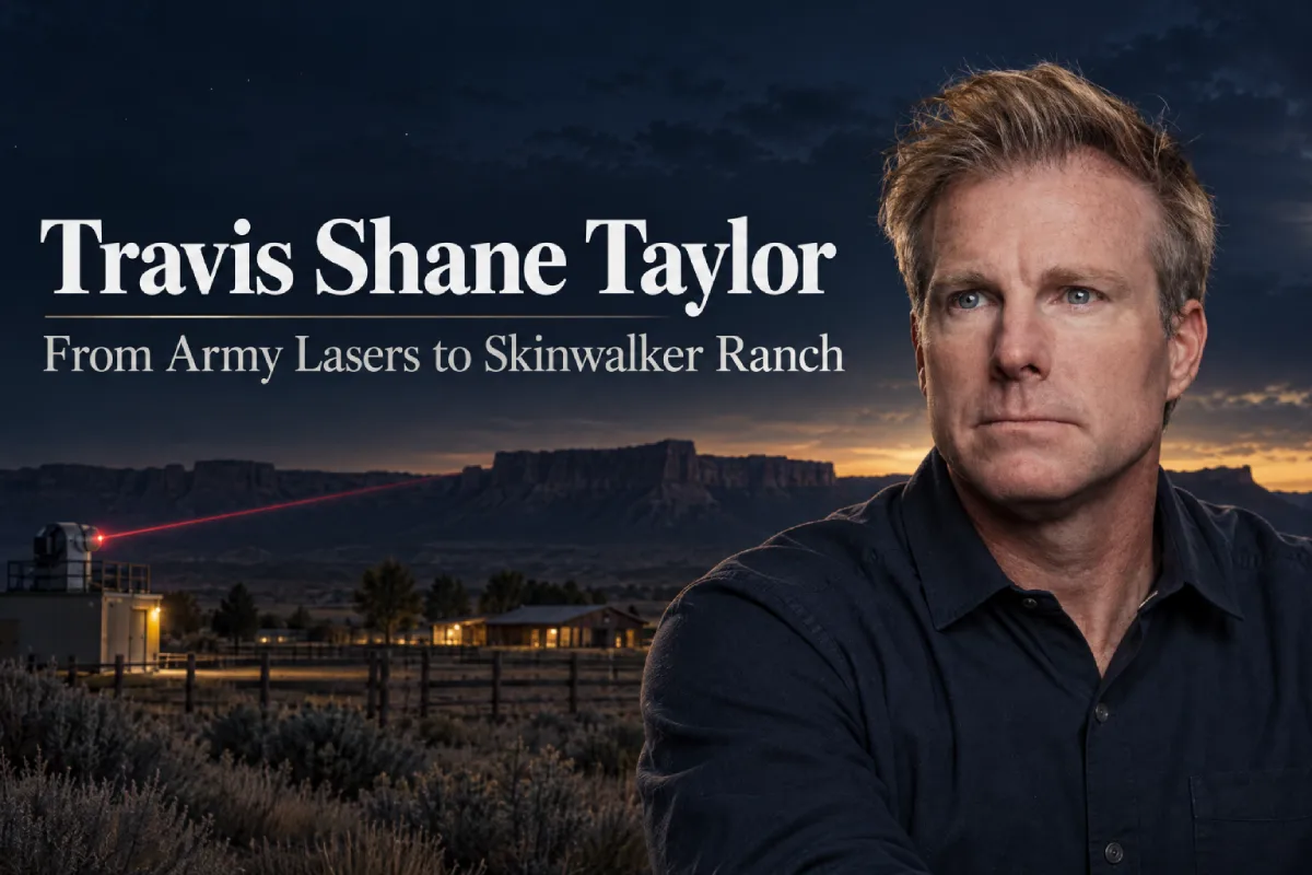 Home - - Next Magazine Travis Shane Taylor’s portrait against a Utah ranch landscape at dusk, with a faint laser-like glow in the distance.