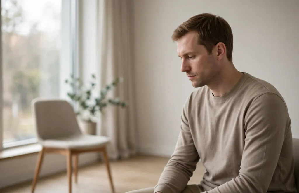 Man sitting alone in a bright minimal counseling room near a window, with an empty chair in the background