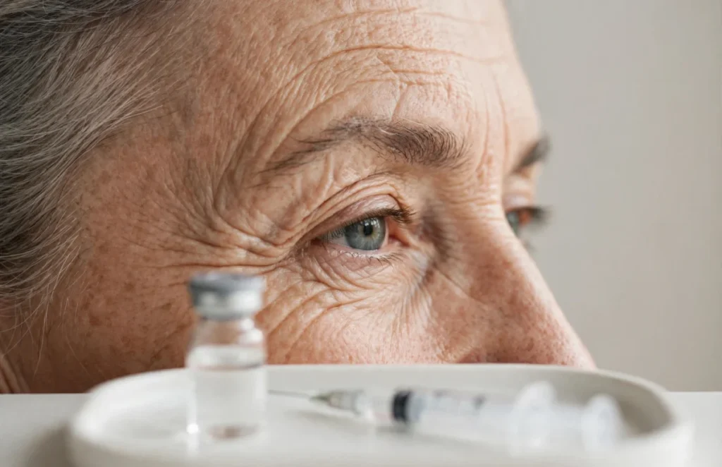 Close-up of mature woman's forehead and eye area showing natural wrinkles with Botox vial and syringe in foreground on clinical tray