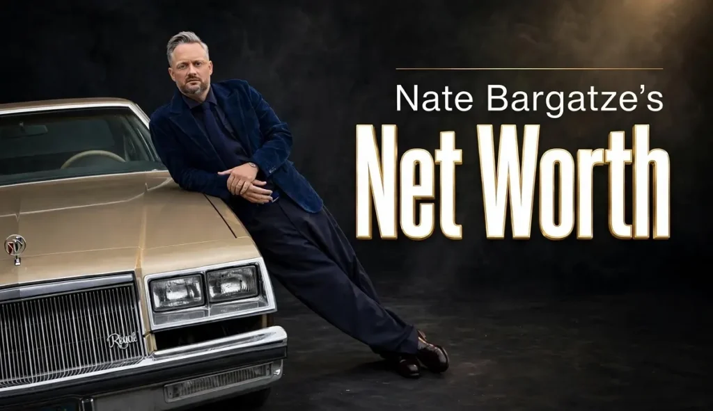 Nate Bargatze, dressed in a dark blue suit, leaning on the hood of a gold vintage Buick sedan next to large text reading Nate Bargatze's Net Worth.